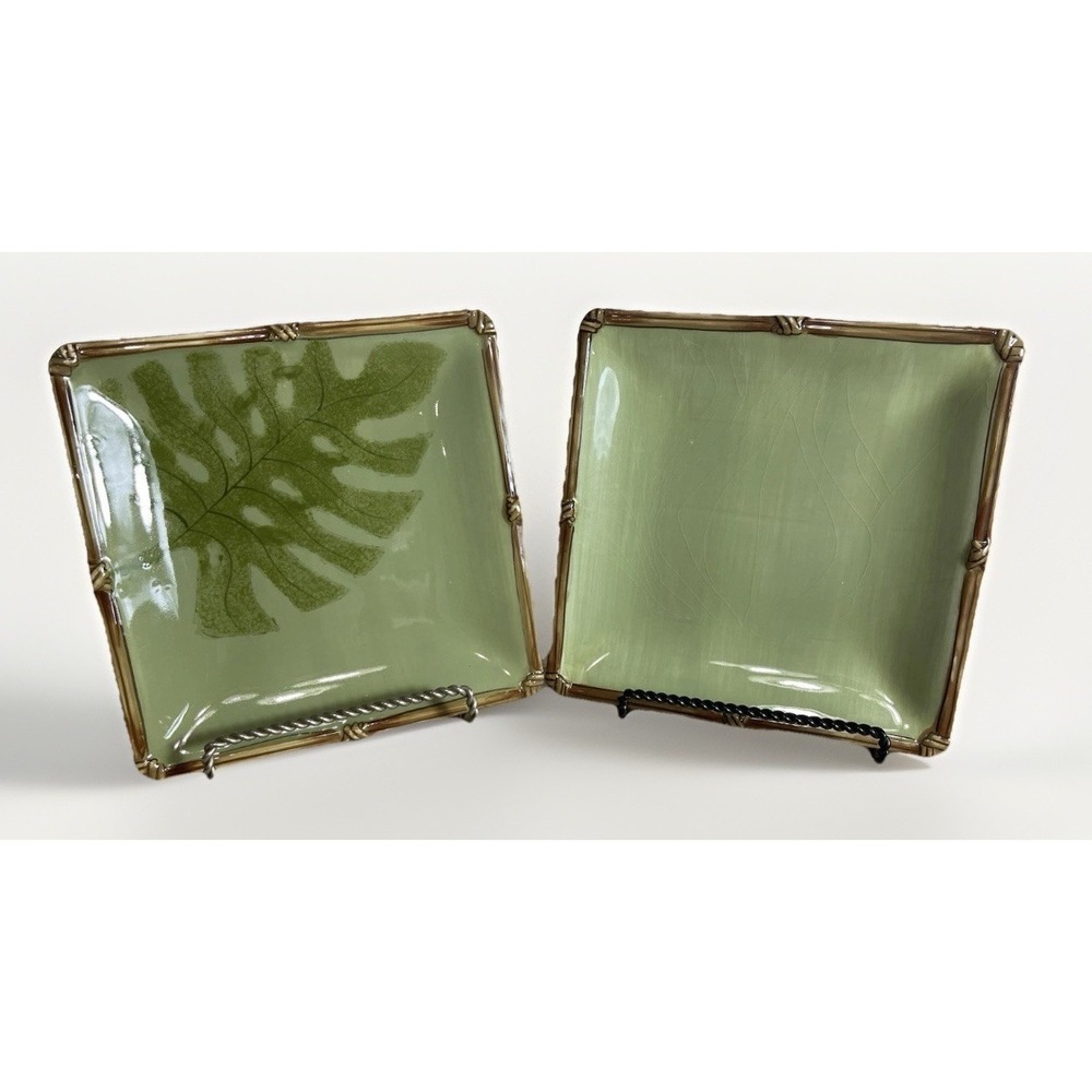Clay‎ Art Zanzibar Monstera Leaf Plate Set of 2 Bamboo Hand Painted Stoneware